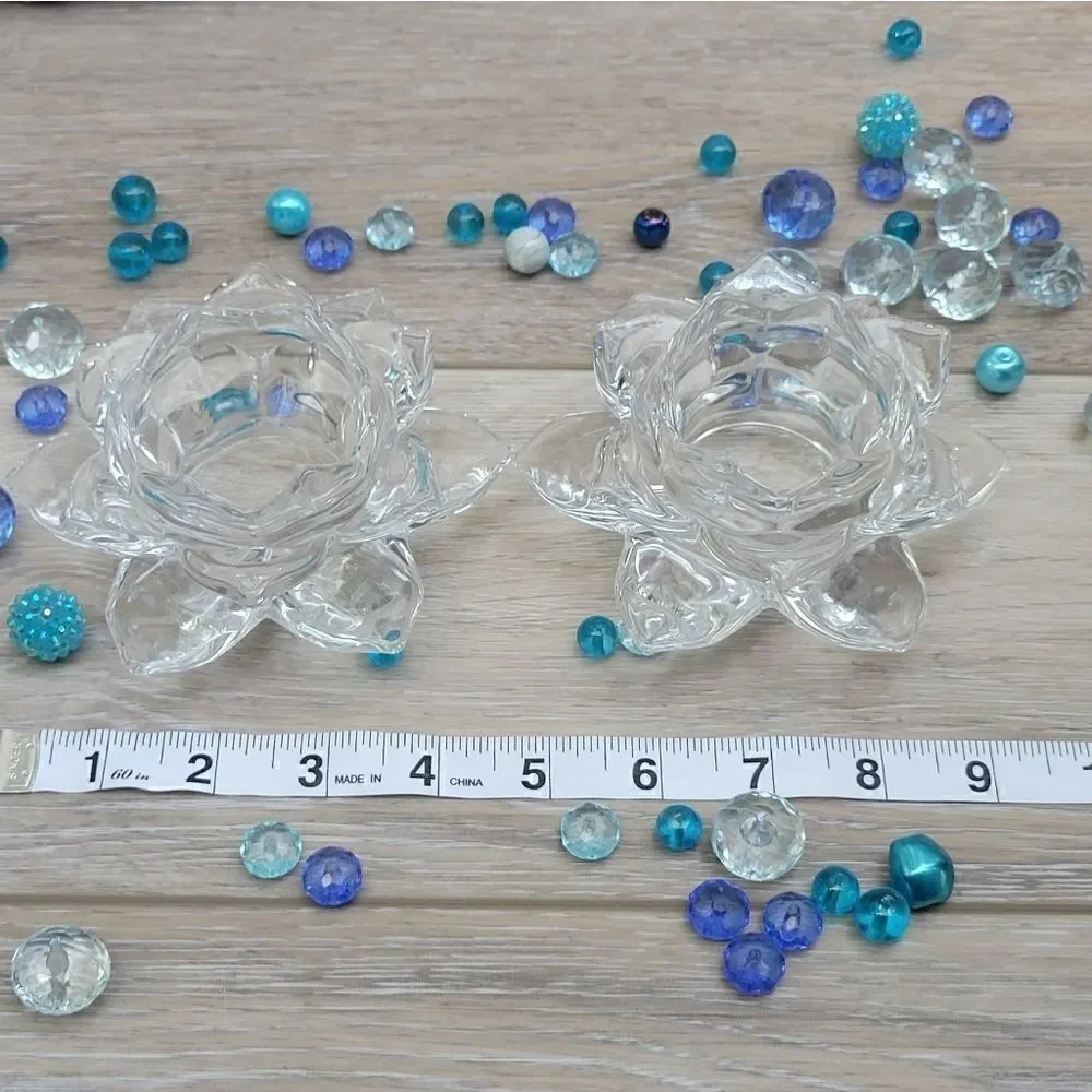 Lotus glass candle holders  with blue beads These are stunning! Pair of tabletop